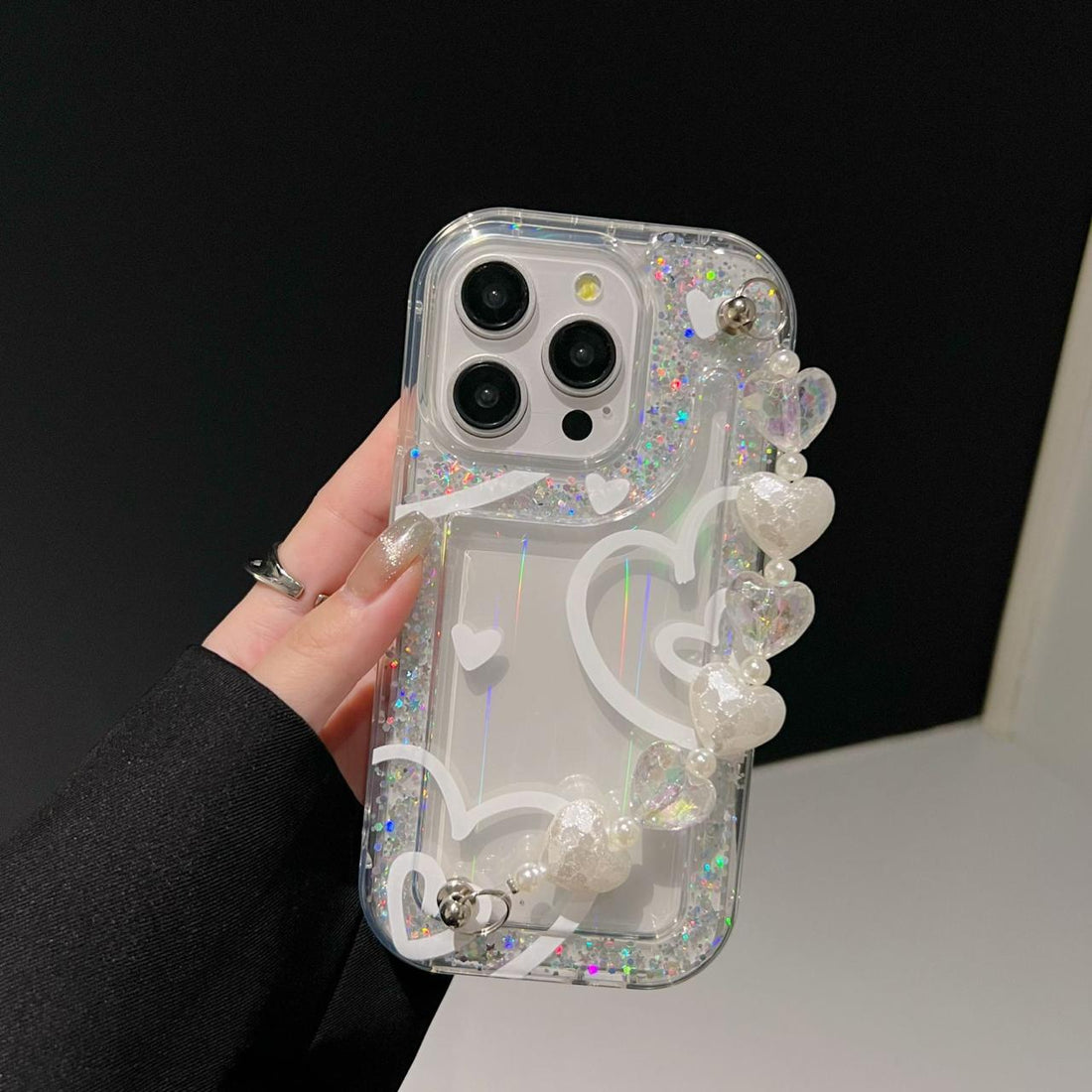 Glitter Heart With Heart Chain Silicon Phone Cases For iPhone